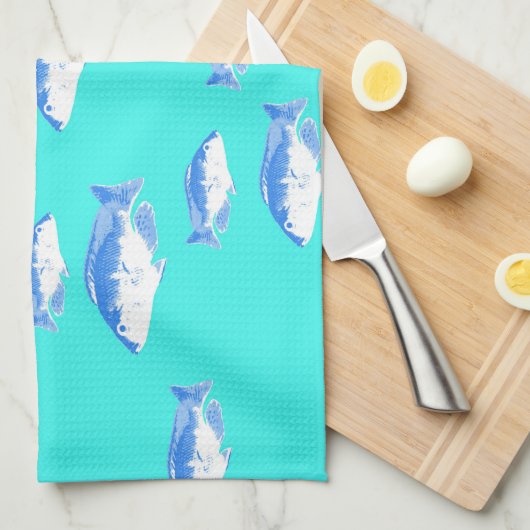 Blauer Fisch auf Türkis Geschirrtuch (Viertel Falte)