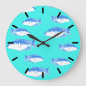 Blauer Fisch auf Türkis Große Wanduhr (Vorderseite)