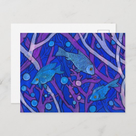 Blauer Fisch in Meeresalgen, Kunstautos Postkarte (Vorne/Hinten)
