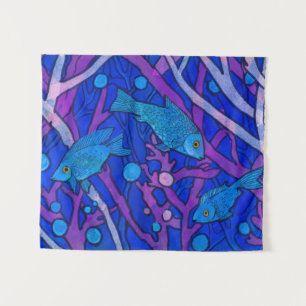 Blauer Fisch in Meeresalgen, Kunstautos Wandteppich