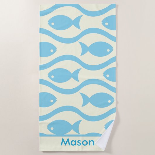 Blauer Fisch mit Wellenmuster Personalisierte Kind Strandtuch (Vorderseite)