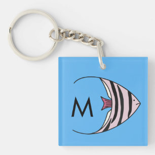 Blauer Fischmuster-Monogramm Schlüsselanhänger
