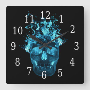 Blauer Flammender Totenkopf Quadratische Uhr