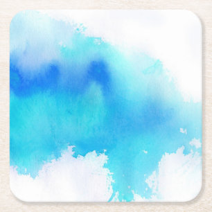 Blauer Fleck, abstrakte Aquarell-Handmalerei Rechteckiger Pappuntersetzer