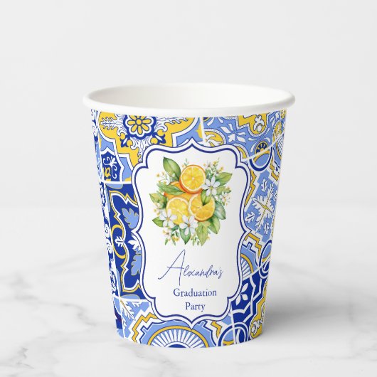 Blauer Fliesen Lemons Abschluss Pappbecher (Rückseite)