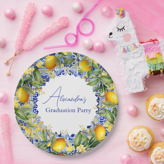 Blauer Fliesen Lemons Abschluss Pappteller (Party)