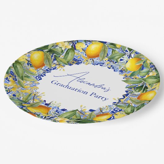 Blauer Fliesen Lemons Abschluss Pappteller (Schrägansicht)