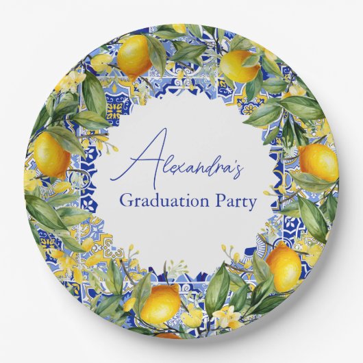 Blauer Fliesen Lemons Abschluss Pappteller (Vorderseite)