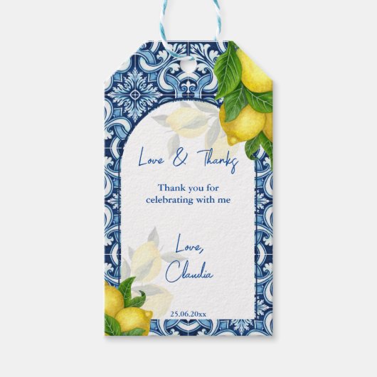 Blauer Fliesenlemon Amalfi Brautparty Vielen Dank Geschenkanhänger (Vorderseite)