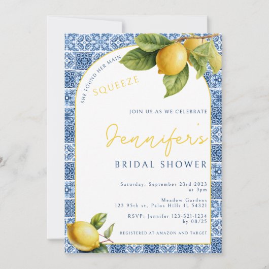 Blauer Fliesenlemon Hauptthema Brautparty Einladung (Vorderseite)