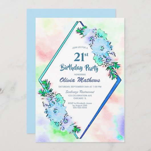 Blauer Flor 21. Geburtstag Einladung (Vorne/Hinten)