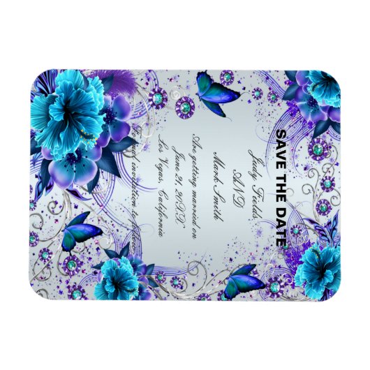 Blauer Flor und Schmetterling speichern das Datums Magnet (Horizontal)