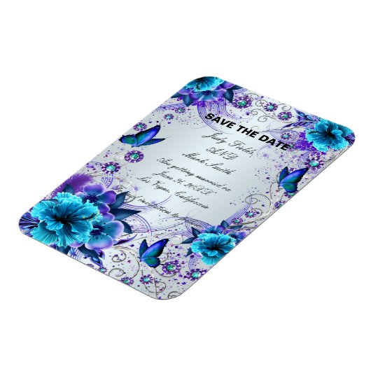 Blauer Flor und Schmetterling speichern das Datums Magnet (Linke Seite)