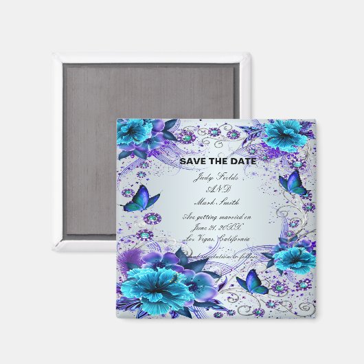 Blauer Flor und Schmetterling speichern das Datums Magnet (Vorderseite/Rückseite)