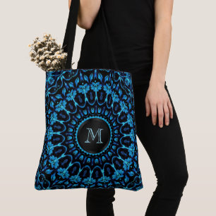 Blauer Floral Mandala Monogramm Tasche