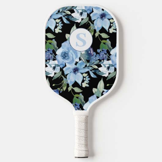 Blauer Floral Monogram Pickleball Paddel Schläger (Vorderseite)