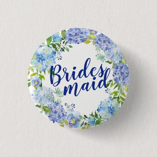 Blauer Floral Wasserfarbe Bridesmaid Button (Vorderseite)