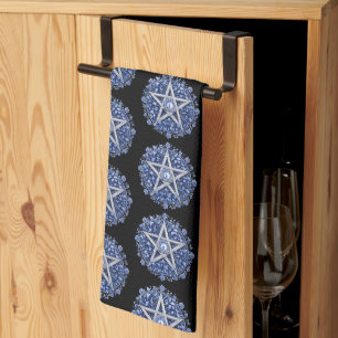 Blauer floraler Pentagramm-Hexen-Schwarz-Halloween Geschirrtuch