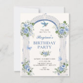 Blauer floraler Torbogen-Geburtstag Einladung (Vorderseite)