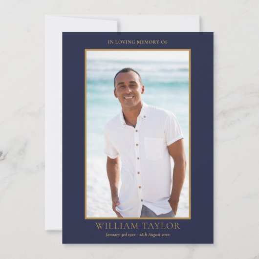 Blauer Foliage Foto Feier zur Lebensbeerdigung Einladung (Rückseite)