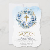 Blauer Foto Blütenblume Taufe Einladung (Vorderseite)