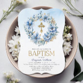 Blauer Foto Blütenblume Taufe Einladung