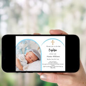 Blauer Foto Boy Cross Taufe Einladung