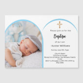 Blauer Foto Boy Cross Taufe Magneteinladung (Vorderseite)