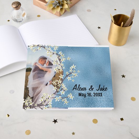 Blauer Foto und Hochzeitskranz Gästebuch (Vorderseite Offen)