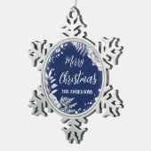Blauer Frohe Weihnachtsweiße Blume Schneeflocken Zinn-Ornament (Rechts)