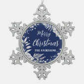 Blauer Frohe Weihnachtsweiße Blume Schneeflocken Zinn-Ornament (Vorderseite)