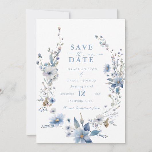 Blauer Frühling im Grünen Hochzeit Rettend Save The Date (Vorderseite)
