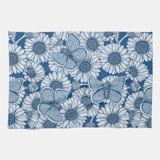 Blauer Frühling, wilde Blume, Gänseblümchen Geschirrtuch (Horizontal)