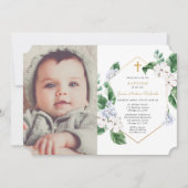 Blauer Frühlingsfloral Goldjunge Taufe Foto Einladung (Vorderseite)