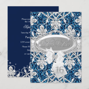 Blauer Funkel-Diamant- und Glitter-Sweet-16-Einlad Einladung