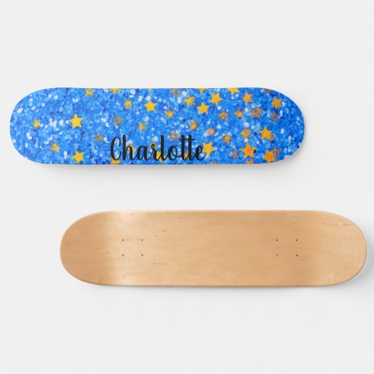 Blauer funkelnder Glitzer goldene Sterne Skateboard (Horizontal)