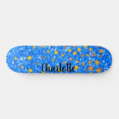 Blauer funkelnder Glitzer goldene Sterne Skateboard (Horizontal)