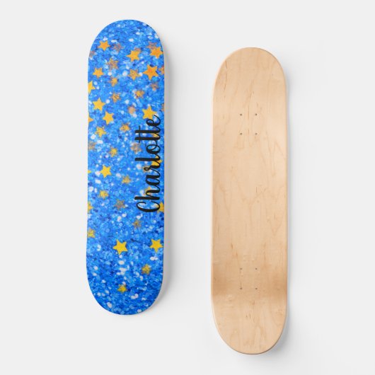 Blauer funkelnder Glitzer goldene Sterne Skateboard (Vorderseite)