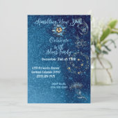 Blauer funkelnder Neujahrsfest Glitzer Sterne Blum Einladung (Stehend Vorderseite)