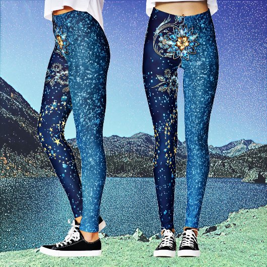 Blauer funkelnder Neujahrsfest Glitzer Sterne Blum Leggings