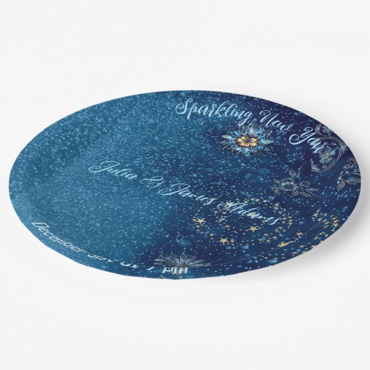 Blauer funkelnder Neujahrsfest Glitzer Sterne Blum Pappteller (Schrägansicht)