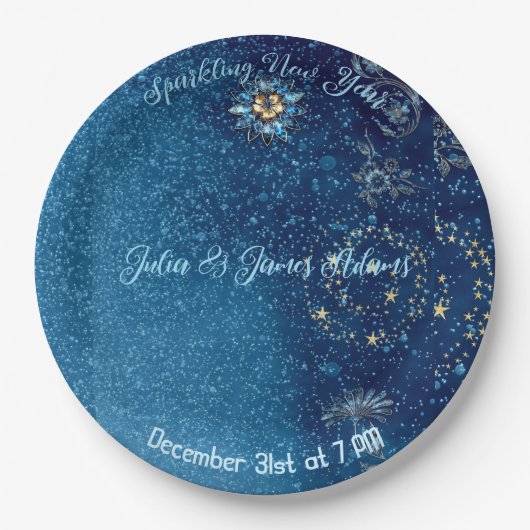 Blauer funkelnder Neujahrsfest Glitzer Sterne Blum Pappteller (Vorderseite)