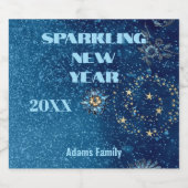 Blauer funkelnder Neujahrsfest Glitzer Sterne Blum Schaumweinetikett (Einzelnes Label)