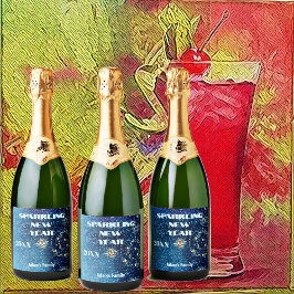 Blauer funkelnder Neujahrsfest Glitzer Sterne Blum Schaumweinetikett