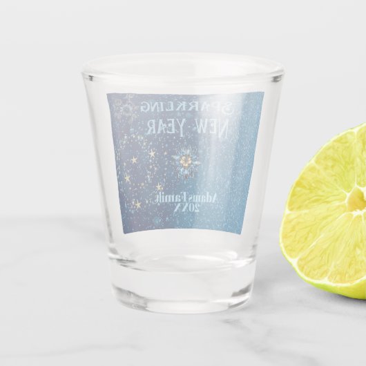 Blauer funkelnder Neujahrsfest Glitzer Sterne Blum Schnapsglas (Rückseite)