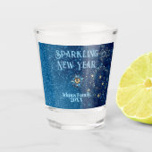 Blauer funkelnder Neujahrsfest Glitzer Sterne Blum Schnapsglas (Vorderseite)
