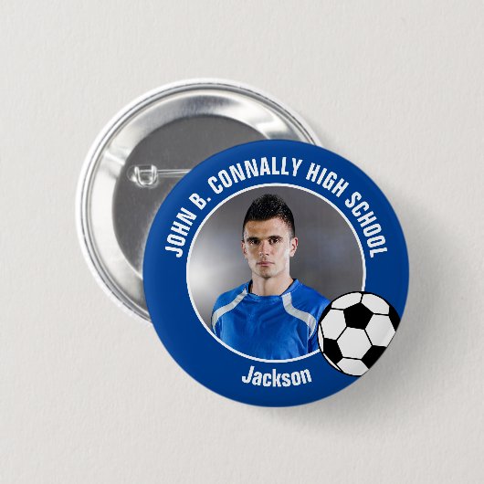 Blauer Fußballspieler-Foto-High-School-Geist Button (Vorne & Hinten)