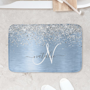 Blauer gebürsteter Metall-Silber-Glitter-Monogramm Badematte