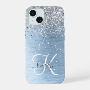 Blauer gebürsteter Metall Silber Glitter Monogramm iPhone 15 Hülle