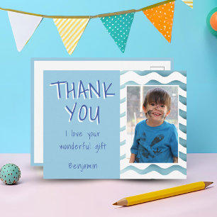 Blauer Geburtstags-Dankeschön-Kinder-Foto Postkarte